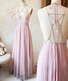 Sexy Pink V-Neck Long Chiffon Tulle Backless Sleeveless Floor-Length Prom Dresses JS758