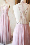 Sexy Pink V-Neck Long Chiffon Tulle Backless Sleeveless Floor-Length Prom Dresses JS758