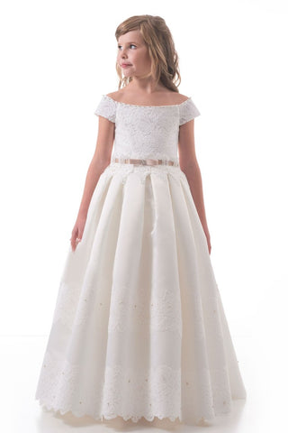 A Line Off The Shoulder Flower Girl Dresses Satin With Applique And Sash