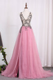 New Arrival A Line Tulle Straps Prom Dresses With Beading And Slit