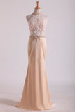 High Neck Prom Dresses Sheath Lace & Spandex Sweep Train