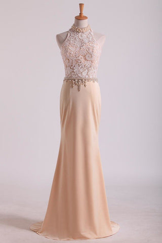 High Neck Prom Dresses Sheath Lace & Spandex Sweep Train