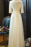 A Line Scoop Tulle Prom Dresses Mid-Length Sleeves With Applique