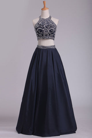 Two-Piece Halter Beaded Bodice A Line Prom Dresses Taffeta Floor Length