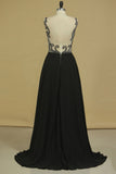 Bateau With Beads And Ruffles Prom Dresses A Line Chiffon Sweep Train