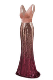 Sexy Sequins Mermaid V Neck Burgundy Velvet Long Prom Dresses Backless Evening Dress SJS15352