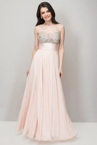 Prom Dresses Beaded And Ruched Bodice Scoop A Line Chiffon Floor Length