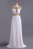 White A Line Prom Dresses Bateau Open Back Chiffon With Beads & Ruffles Sweep Train