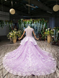 Ball Gown Lace Appliques Cap Sleeves Long Prom Dresses, Quinceanera SJS20480