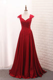 Satin Straps Prom Dresses A Line With Applique And Beads Open Back