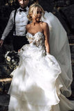 Charming Ball Gown Sweetheart Strapless 3D Flowers Tulle Off White Wedding Dresses SJS15095