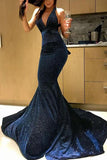 Sexy Mermaid Deep V Neck Velvet Dark Navy Long Prom Dresses, Sparkly Evening Dresses SJS15529