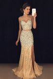 Two-Piece Sweetheart Prom Dresses Mermaid Tulle With Beads And Slit