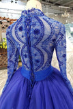 Long Sleeves V Neck Prom Dresses Tulle With Applique A Line Beads