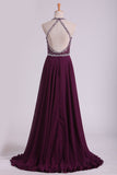 Grape A Line Prom Dresses Halter Beaded Bodice Open Back Sweep Train Chiffon & Tulle