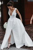 Stunning V-Neck Satin Straps Ivory Wedding Dresses A-line Bridal Gowns with Pockets V Back SJS14983