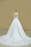 A Line Scoop Wedding Dresses Satin With Beading Chaple Train