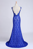 Evening Dresses Bateau Mermaid With Deep V Shape Back Lace&Tulle Dark Royal Blue