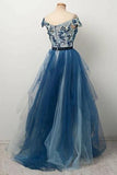 Blue Off the Shoulder Tulle V neck Cap Sleeve Beads Prom Dresses with Applique SJS15080