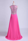 Scoop A-Line Chiffon&Tulle Floor-Length Prom Dresses With Beads Color Fuchsia