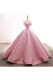 Ball Gown Off The Shoulder Satin Prom Dress With Appliques Long Quinceanera SJSPDJZ6JB1