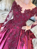 Ball Gown Long Sleeves Burgundy Satin Beads Prom Dresses with Appliques, Quinceanera Dress SJS15498