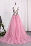 New Arrival A Line Tulle Straps Prom Dresses With Beading And Slit