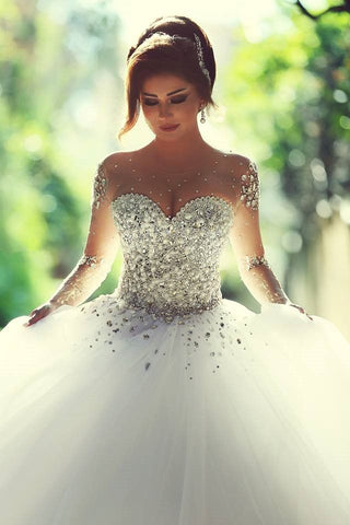 Long Sleeves Beaded Sweetheart Crystals Ball Gown Corset Tulle Wedding Dresses