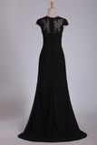 Black Evening Dresses V Neck Mermaid With Applique Sweep Train Chiffon