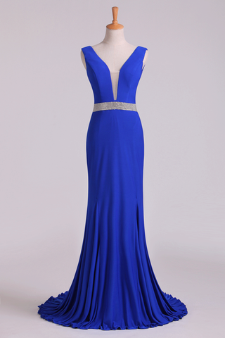 Open Back Column Prom Dresses V Neck Dark Royal Blue Beaded Waistline Sweep Train