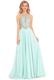 A Line Chiffon Spaghetti Straps Prom Dresses With Beading Floor Length