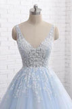 Princess Light Blue Long Ball Gown Lace Tulle Prom Dresses, V Neck Formal Dresses SJS15297