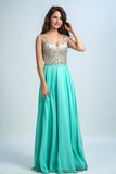 V Neck Prom Dresses A Line Beaded Bodice Sweep Train Chiffon & Tulle