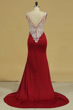 Straps Prom Dresses Spandex With Beads And Slit Open Back