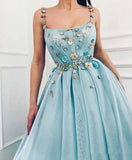 Elegant A Line Spaghetti Straps Tulle Scoop Prom Dresses with Appliques, Formal Dresses SJS15512