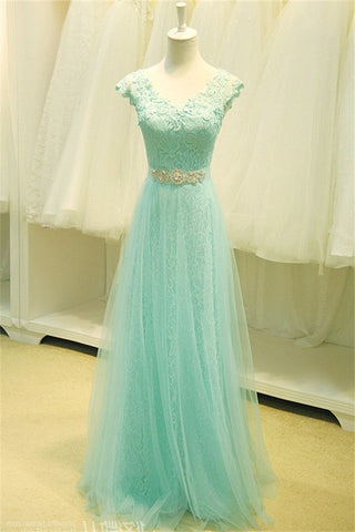 Mint Lace Cap Sleeve Sweetheart Lace A Line Tulle Green Floor Length Prom Dresses