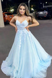 Light Blue Lace Appliques A-Line V-Neck Spaghrtti Straps Formal Evening Dresses Long Prom Dresses