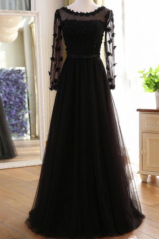 Elegant Black Lace Long Sleeveless Cheap High Neck A-Line Prom Dresses JS828