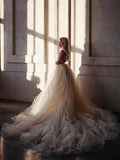 A Line Spaghetti Straps Wedding Gown Tulle Long Lace Wedding Dress