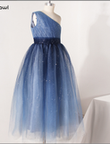 A Line Sparkle Blue One Shoulder Sleeveless Flower Girl Dresses