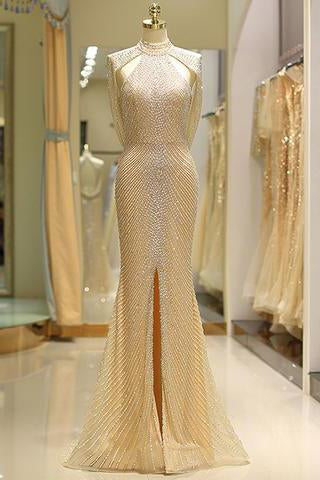 Mermaid High Neck Floor Length Split Gold Prom Dresses with Sequins Beading JS79