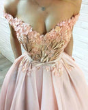 A Line Hand-Made Flower Long Off the Shoulder Sweetheart Prom Dresses with Pockets JS256