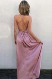 A-Line V Neck Criss Cross Back Blush Pink Satin Floor Length Prom Dresses with Split JS12