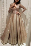 Long Sleeve A Line V Neck Gold Sequins Long Floor Length Prom Dresses JS53