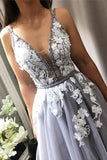 Elegant Gray V Neck Lace Tulle Prom Dresses Criss Cross Tea Length Hoco Dresses H1046