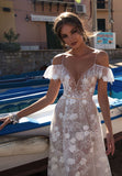 A-Line Lace V Neck Tulle Beach Wedding Dress With Ruffles Appliques