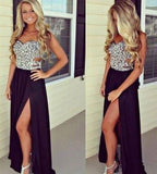 Sexy A-line Backless Long Black Beaded Bodice Slit Side Chiffon Evening Prom Dresses JS15