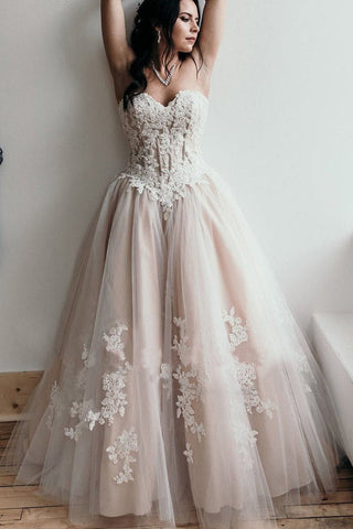 A Line Sweetheart Lace Appliques Strapless Long Prom Dresses Sexy Evening Dresses JS292