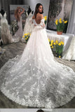 A Line Long Sleeves Ivory Lace Appliques Beads Sweetheart Long Wedding Dresses JS785