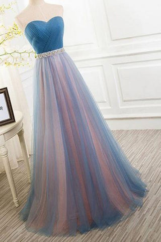 Elegant Tulle Long Vintage Sleeveless Sweetheart Strapless Blue Lace-up Prom Dresses JS778